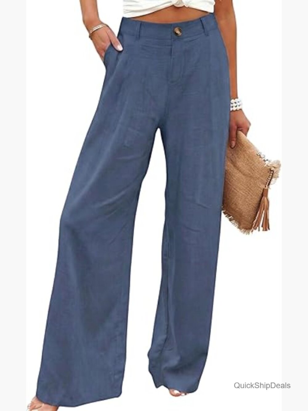 Cotton Linen High Waisted Wide Leg Trousers Casual Button Up Pants